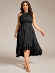 Sparkly High-Low Ruffle Halter Neck Wedding Guest Dress with Pleating – Black