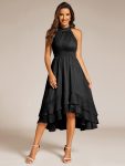 Sparkly High-Low Ruffle Halter Neck Wedding Guest Dress with Pleating – Black