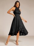 Sparkly High-Low Ruffle Halter Neck Wedding Guest Dress with Pleating – Black