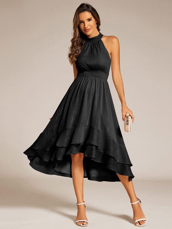 Sparkly High-Low Ruffle Halter Neck Wedding Guest Dress with Pleating - Black