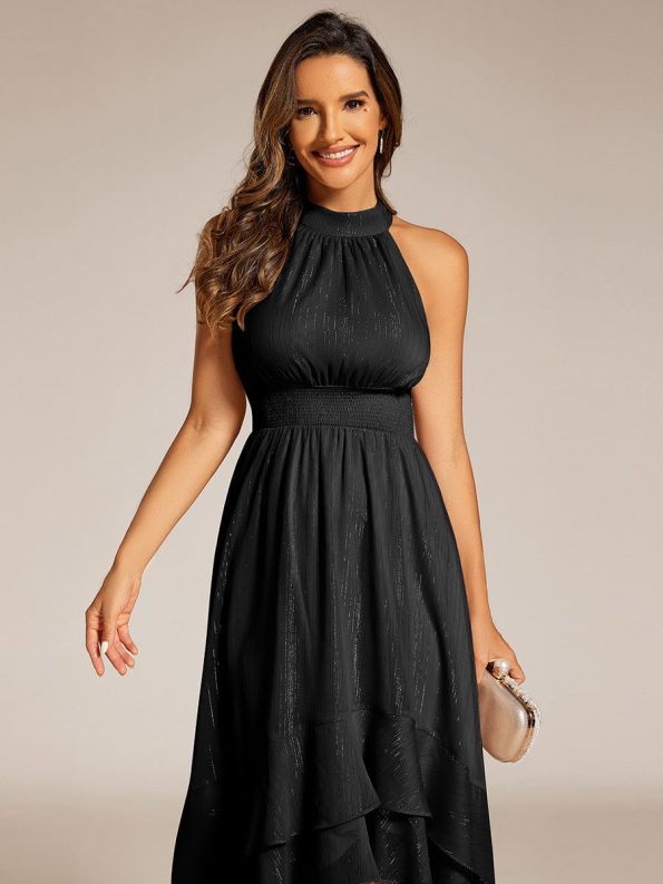 Sparkly High-Low Ruffle Halter Neck Wedding Guest Dress with Pleating - Black