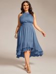 Sparkly High-Low Ruffle Halter Neck Wedding Guest Dress with Pleating – Dusty Navy