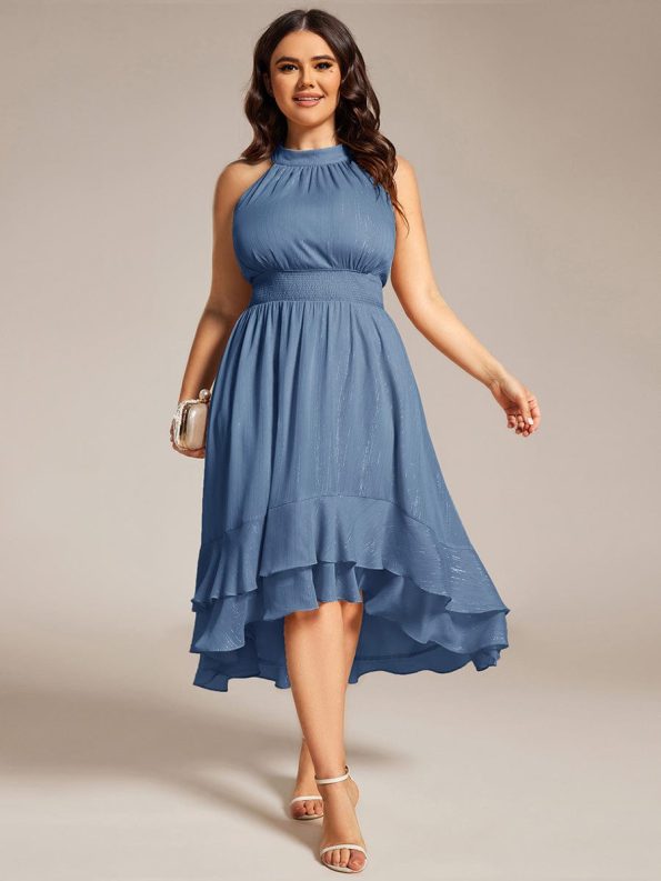 Sparkly High-Low Ruffle Halter Neck Wedding Guest Dress with Pleating - Dusty Navy