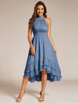 Sparkly High-Low Ruffle Halter Neck Wedding Guest Dress with Pleating – Dusty Navy