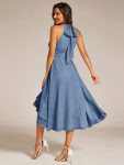 Sparkly High-Low Ruffle Halter Neck Wedding Guest Dress with Pleating – Dusty Navy