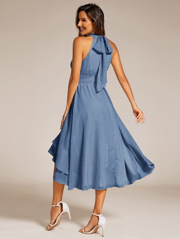 Sparkly High-Low Ruffle Halter Neck Wedding Guest Dress with Pleating - Dusty Navy