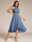 Sparkly High-Low Ruffle Halter Neck Wedding Guest Dress with Pleating – Dusty Navy