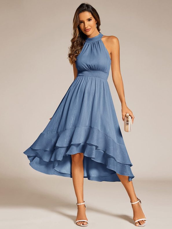 Sparkly High-Low Ruffle Halter Neck Wedding Guest Dress with Pleating - Dusty Navy