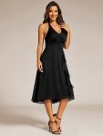 Chic V-Neck Halter Bow High-Waist Sleeveless Lotus Leaf Wedding Guest Dress – Black