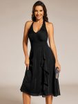 Chic V-Neck Halter Bow High-Waist Sleeveless Lotus Leaf Wedding Guest Dress – Black