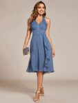 Chic V-Neck Halter Bow High-Waist Sleeveless Lotus Leaf Wedding Guest Dress - Dusty Navy