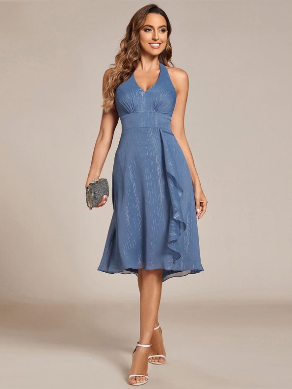 Chic V-Neck Halter Bow High-Waist Sleeveless Lotus Leaf Wedding Guest Dress - Dusty Navy