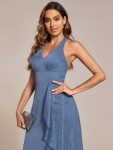 Chic V-Neck Halter Bow High-Waist Sleeveless Lotus Leaf Wedding Guest Dress – Dusty Navy