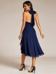 Chic V-Neck Halter Bow High-Waist Sleeveless Lotus Leaf Wedding Guest Dress – Navy Blue