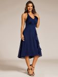 Chic V-Neck Halter Bow High-Waist Sleeveless Lotus Leaf Wedding Guest Dress – Navy Blue