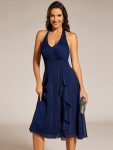 Chic V-Neck Halter Bow High-Waist Sleeveless Lotus Leaf Wedding Guest Dress – Navy Blue