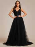 Vintage Sleeveless Lace Sheer Empire Waist A-Line Wedding Dress – Black