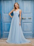 Vintage Sleeveless Lace Sheer Empire Waist A-Line Wedding Dress – Light Blue