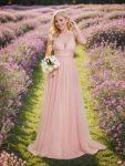 Vintage Sleeveless Lace Sheer Empire Waist A-Line Wedding Dress – Pink