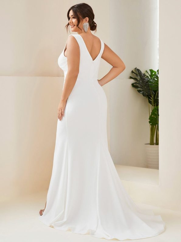 Ruched Bodycon Deep V-Neck Sleeveless Simple Wedding Dress - White