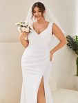 Ruched Bodycon Deep V-Neck Sleeveless Simple Wedding Dress – White