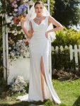 Ruched Bodycon Deep V-Neck Sleeveless Simple Wedding Dress – White