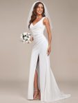 Ruched Bodycon Deep V-Neck Sleeveless Simple Wedding Dress – White