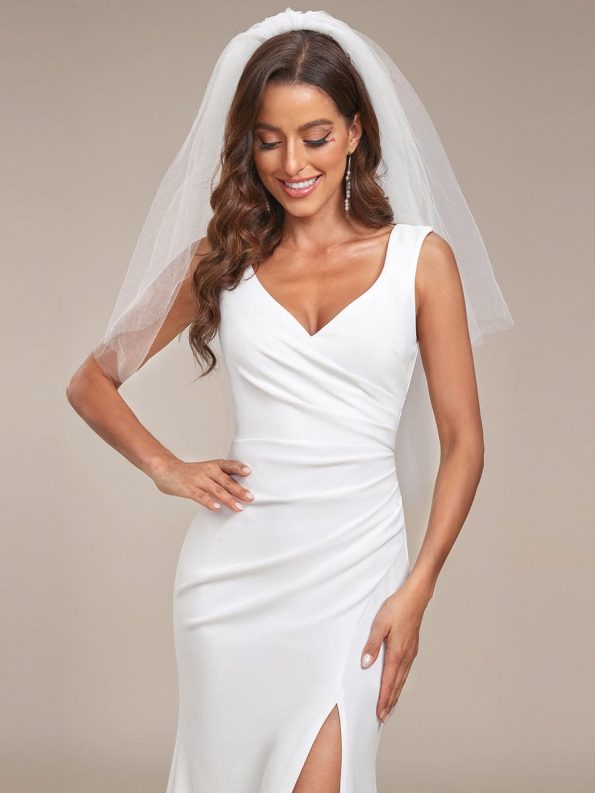 Ruched Bodycon Deep V-Neck Sleeveless Simple Wedding Dress - White