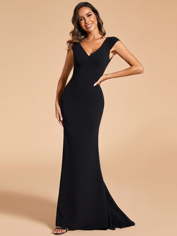 Cap Sleeve Deep V-Neck Backless Fishtail Wedding Dress - Black