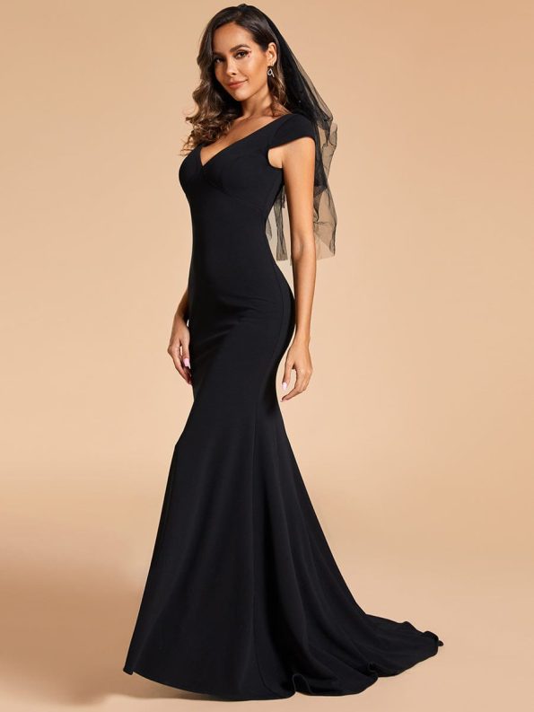 Cap Sleeve Deep V-Neck Backless Fishtail Wedding Dress - Black