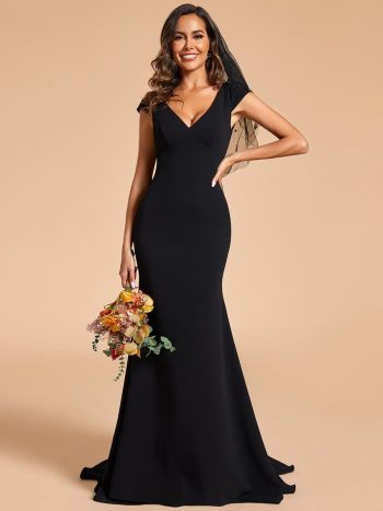 Cap Sleeve Deep V-Neck Backless Fishtail Wedding Dress - Black