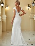 Cap Sleeve Deep V-Neck Backless Fishtail Wedding Dress – White