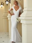 Cap Sleeve Deep V-Neck Backless Fishtail Wedding Dress – White