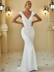 Cap Sleeve Deep V-Neck Backless Fishtail Wedding Dress – White