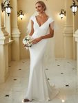 Cap Sleeve Deep V-Neck Backless Fishtail Wedding Dress – White