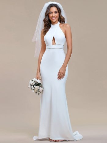 Halter Hollow Out Sleeveless Waist Detail Mermaid Wedding Dress - White