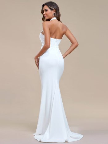 Halter Hollow Out Sleeveless Waist Detail Mermaid Wedding Dress - White