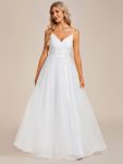 Spaghetti Straps V-Neck Waist Applique A-Line Tulle Wedding Dress – White