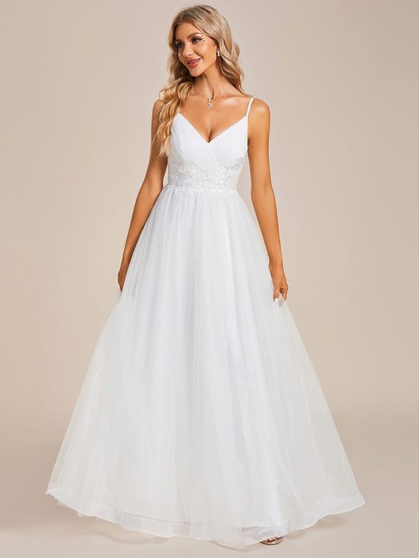 Spaghetti Straps V-Neck Waist Applique A-Line Tulle Wedding Dress - White