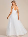 Spaghetti Straps V-Neck Waist Applique A-Line Tulle Wedding Dress – White