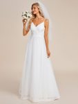 Spaghetti Straps V-Neck Waist Applique A-Line Tulle Wedding Dress – White