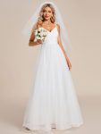 Spaghetti Straps V-Neck Waist Applique A-Line Tulle Wedding Dress - White