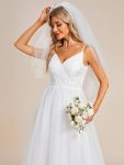 Spaghetti Straps V-Neck Waist Applique A-Line Tulle Wedding Dress – White