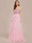 Sparkling V-Neck Spaghetti Straps Tiered Tulle Wedding Dress – Pink