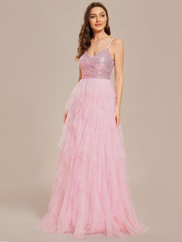 Sparkling V-Neck Spaghetti Straps Tiered Tulle Wedding Dress - Pink