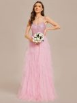 Sparkling V-Neck Spaghetti Straps Tiered Tulle Wedding Dress – Pink