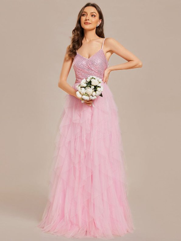 Sparkling V-Neck Spaghetti Straps Tiered Tulle Wedding Dress - Pink