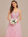 Sparkling V-Neck Spaghetti Straps Tiered Tulle Wedding Dress – Pink