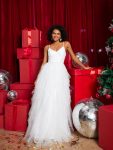 Sparkling V-Neck Spaghetti Straps Tiered Tulle Wedding Dress – White