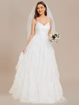 Sparkling V-Neck Spaghetti Straps Tiered Tulle Wedding Dress – White